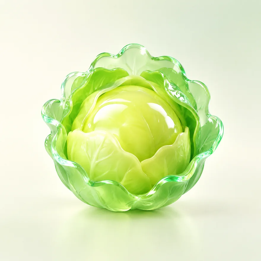 生菜的角色形象：一颗玻璃质感的卡通生菜