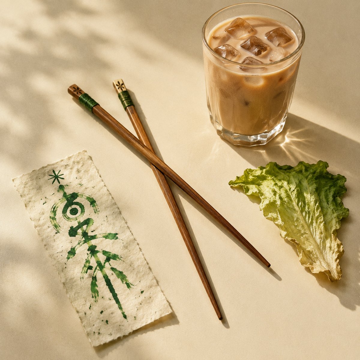 符咒纸、木筷、生菜叶与一杯冰奶茶并排摆在桌面上